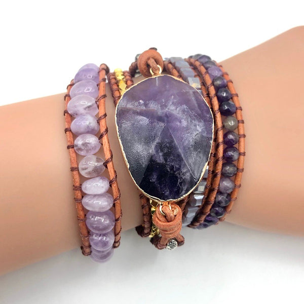 Drop shipping Natural Stones Crystal Quartz Charm  5  Strands Wrap Bracelets Handmade Boho Bracelet Women Leather Bracelet