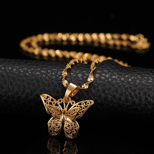 St.kunkka Butterfly Statement Necklaces Pendants Woman Chokers Collar Water Wave Chain Bib 24K Yellow Gold Filled Chunky Jewelry