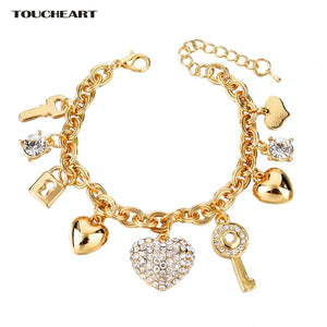 TOUCHEART Stainless Steel Heart & Key Charms Bracelets & Bangles For Women Jewelry Making Gold  Wedding Bracelet Femme SBR140221