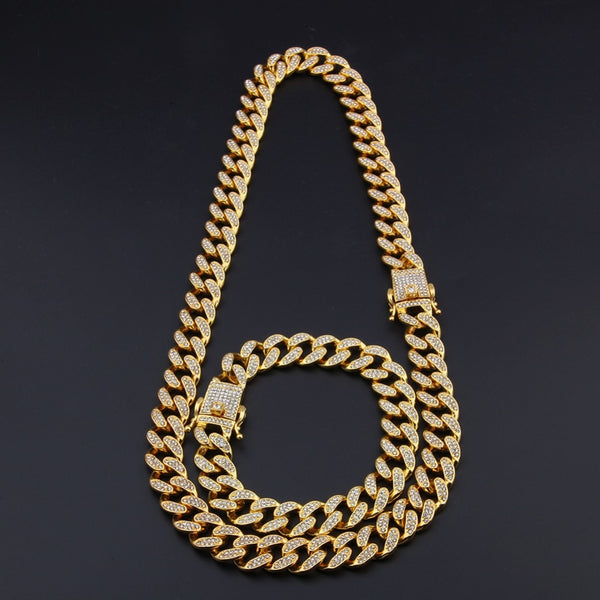 13mm Miami Cuban Link Chain Gold Silver Necklace Bracelet Iced Out Crystal Rhinestone Bling Hip hop for Men Jewelry Necklaces