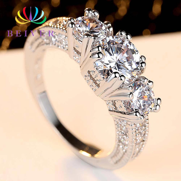 Beiver Clear 3 Stones Zircon Women Ring White Gold Filled Wedding Party Engagement Rings Created SapphireJewelry Bijoux