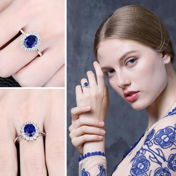 JewelryPalace Created Blue Sapphire Ring Princess Crown Halo Engagement Wedding Rings 925 Sterling Silver Rings For Women 2019