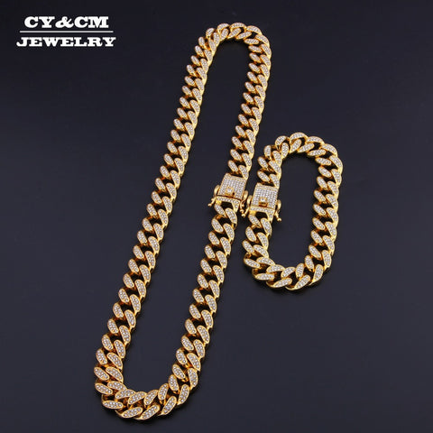 13mm Miami Cuban Link Chain Gold Silver Necklace Bracelet Iced Out Crystal Rhinestone Bling Hip hop for Men Jewelry Necklaces