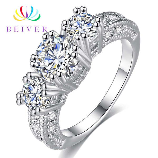 Beiver Clear 3 Stones Zircon Women Ring White Gold Filled Wedding Party Engagement Rings Created SapphireJewelry Bijoux