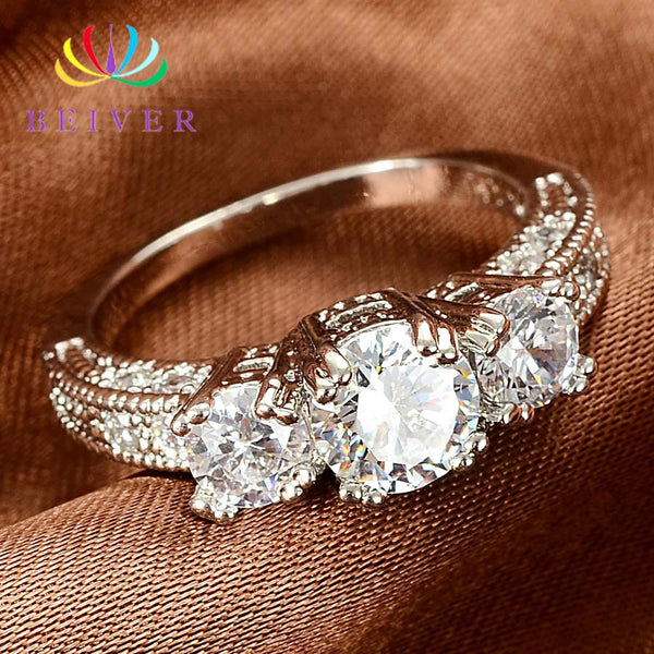 Beiver Clear 3 Stones Zircon Women Ring White Gold Filled Wedding Party Engagement Rings Created SapphireJewelry Bijoux