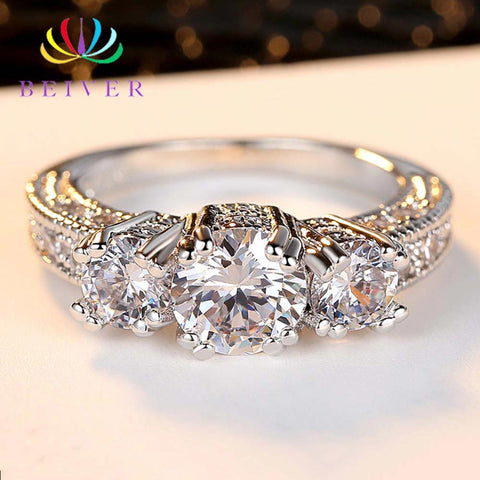 Beiver Clear 3 Stones Zircon Women Ring White Gold Filled Wedding Party Engagement Rings Created SapphireJewelry Bijoux