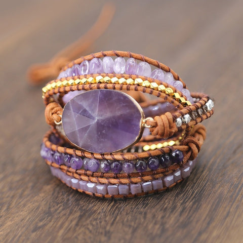 Drop shipping Natural Stones Crystal Quartz Charm  5  Strands Wrap Bracelets Handmade Boho Bracelet Women Leather Bracelet