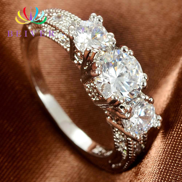 Beiver Clear 3 Stones Zircon Women Ring White Gold Filled Wedding Party Engagement Rings Created SapphireJewelry Bijoux